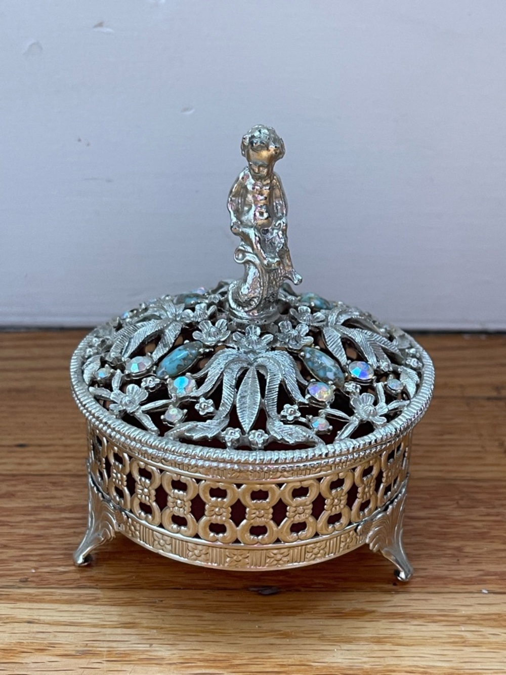 Ornate Silver-Tone Filigree Jewelry Box with Figurine Lid